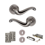 Quality image of Old English Colchester Door Handle Pack (3 Lever Lock Set - 3" CE Sashlock, 4" Slim Knuckle Hinges x2) - Distressed Silver | Sku. adpoe177ds19 | available from Trade Door Handles.
