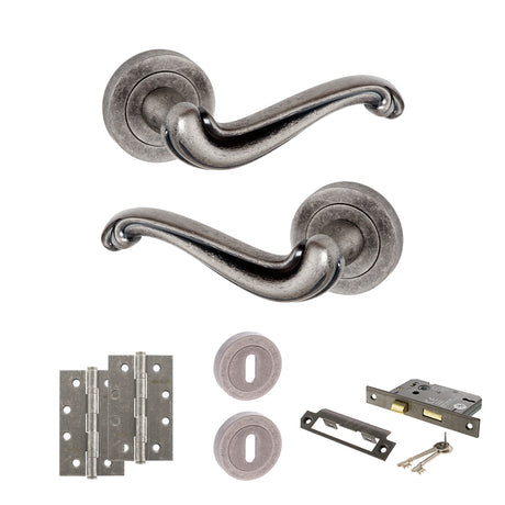 Quality image of Old English Colchester Door Handle Pack (3 Lever Lock Set - 3" CE Sashlock, 4" Slim Knuckle Hinges x2) - Distressed Silver | Sku. adpoe177ds19 | available from Trade Door Handles.