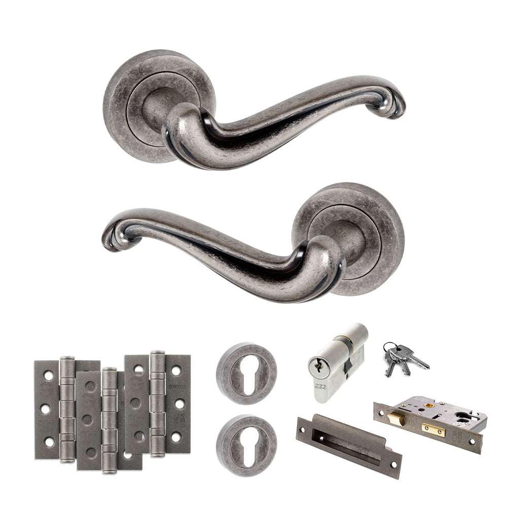 Quality image of Old English Colchester Door Handle Pack (Euro Lock Set - 3" CE Sashlock, 3" Fire Rated Hinges x3) - Distressed Silver | Sku. adpoe177ds21 | available from Trade Door Handles.