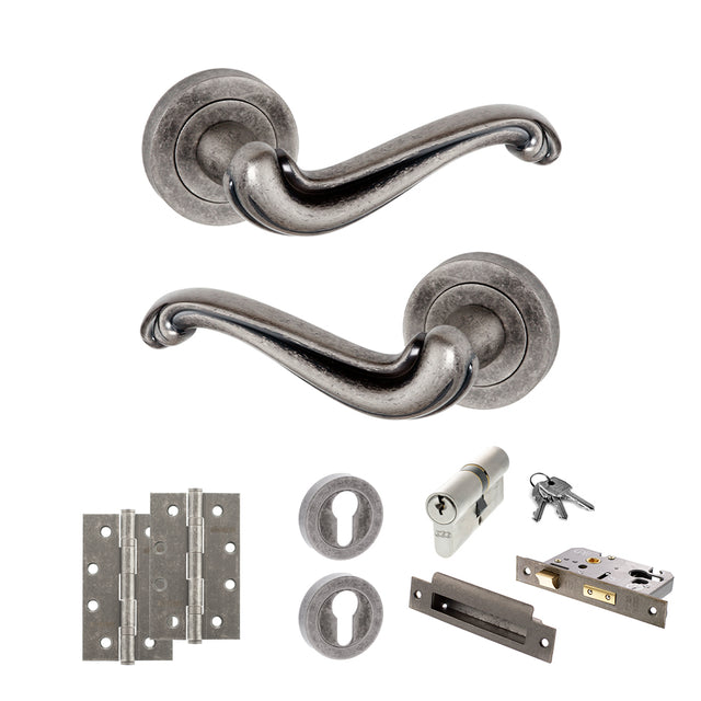 Quality image of Old English Colchester Door Handle Pack (Euro Lock Set - 2.5" CE Sashlock, 4" Slim Knuckle Hinges x2) - Distressed Silver | Sku. adpoe177ds24 | available from Trade Door Handles.