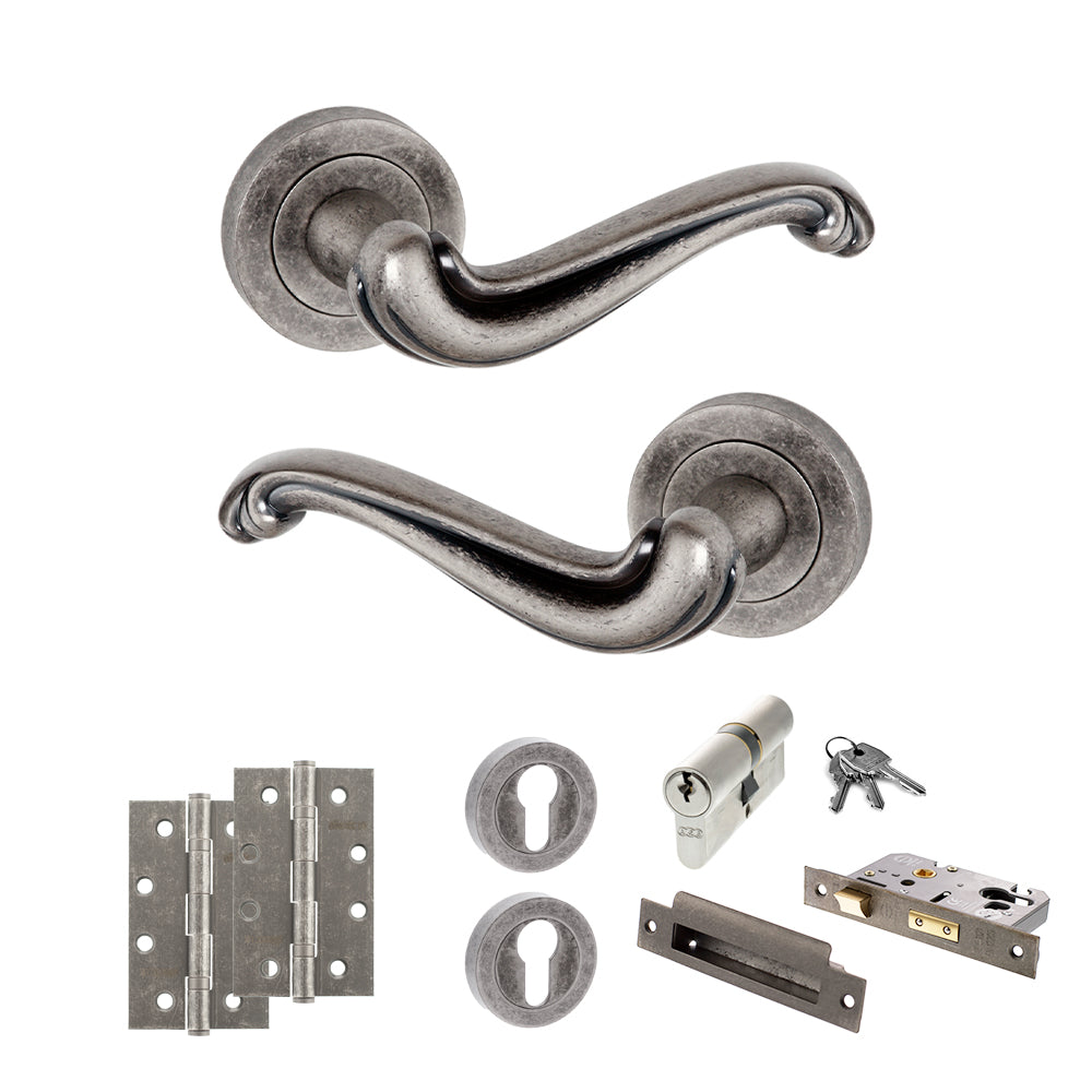 Quality image of Old English Colchester Door Handle Pack (Euro Lock Set - 3" CE Sashlock, 4" Slim Knuckle Hinges x2) - Distressed Silver | Sku. adpoe177ds25 | available from Trade Door Handles.