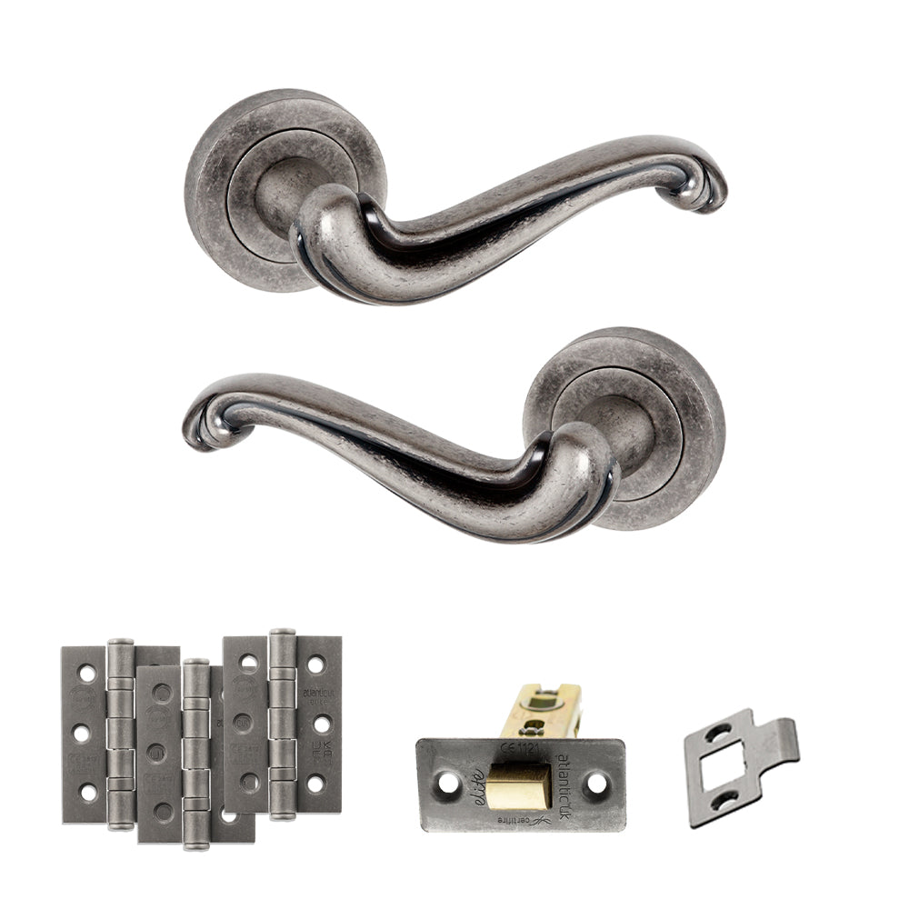 Quality image of Old English Colchester Door Handle Pack (Latch Set - 3" CE Latch, 3" Fire Rated Hinges x3) - Distressed Silver | Sku. adpoe177ds2 | available from Trade Door Handles.
