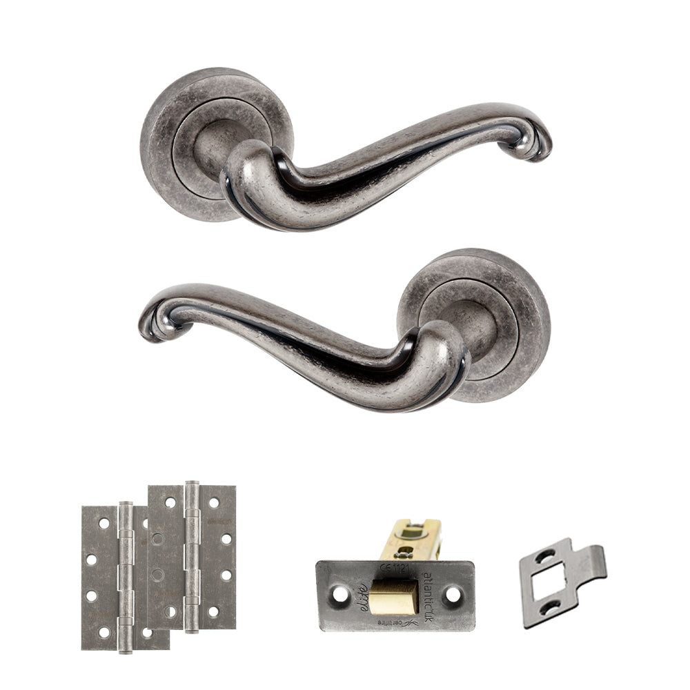 Quality image of Old English Colchester Door Handle Pack (Latch Set - 2.5" CE Latch, 4" Slim Knuckle Hinges x2) - Distressed Silver | Sku. adpoe177ds5 | available from Trade Door Handles.