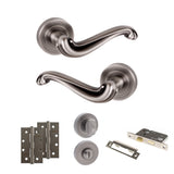Quality image of Old English Colchester Door Handle Pack (Bathroom Set - 2.5" CE Bathroom Lock, 4" Slim Knuckle Hinges x2) - Matt Gun Metal | Sku. adpoe177mbn12 | available from Trade Door Handles.