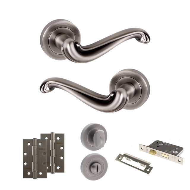 Quality image of Old English Colchester Door Handle Pack (Bathroom Set - 2.5" CE Bathroom Lock, 4" Slim Knuckle Hinges x2) - Matt Gun Metal | Sku. adpoe177mbn12 | available from Trade Door Handles.