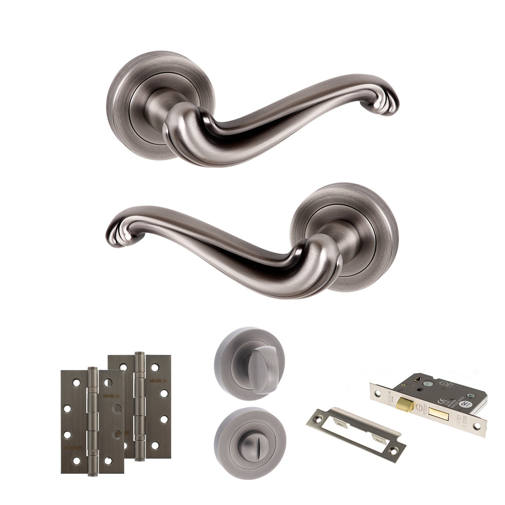 Quality image of Old English Colchester Door Handle Pack (Bathroom Set - 3" CE Bathroom Lock, 4" Slim Knuckle Hinges x2) - Matt Gun Metal | Sku. adpoe177mbn13 | available from Trade Door Handles.