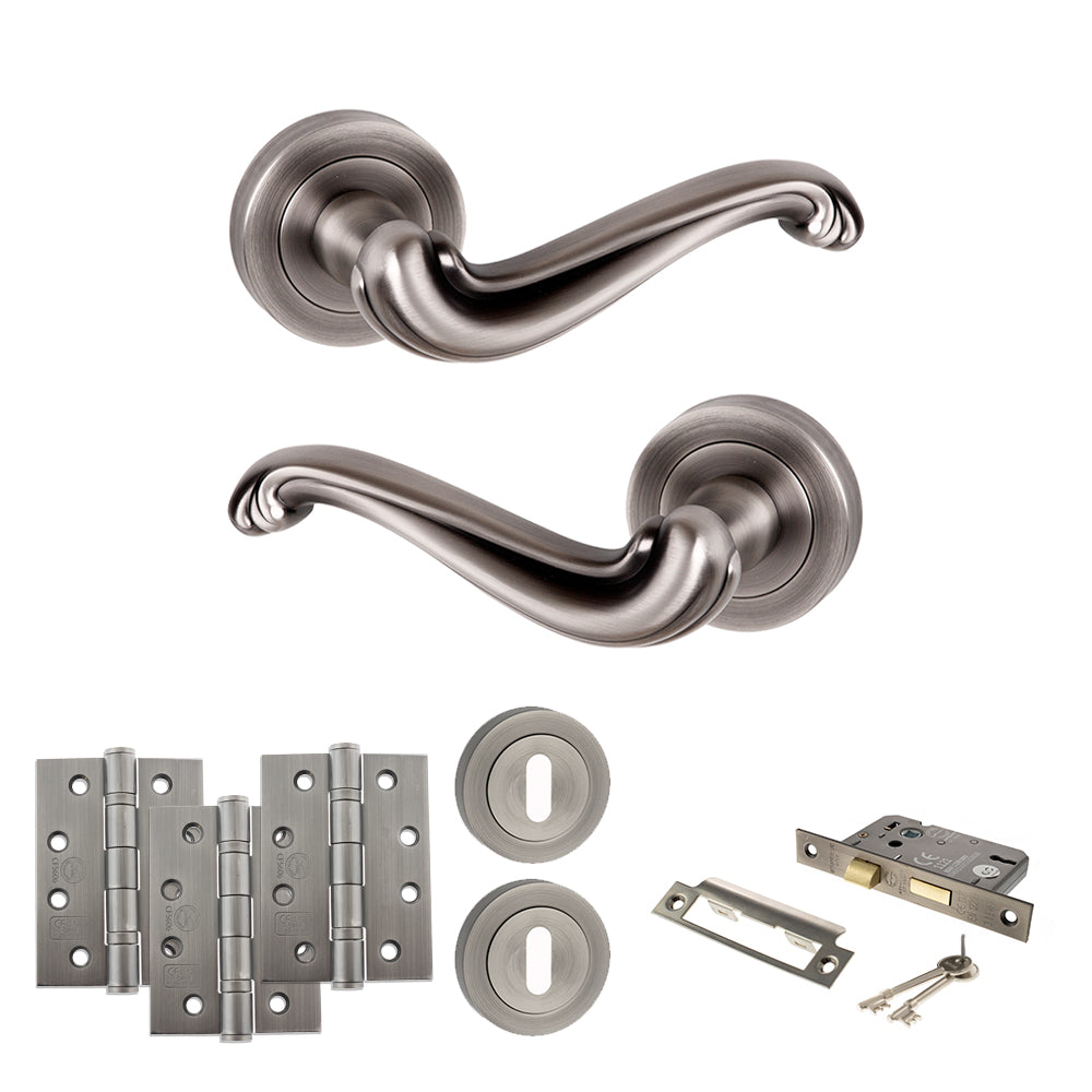 Quality image of Old English Colchester Door Handle Pack (3 Lever Lock Set - 2.5" CE Sashlock, 4" Fire Rated Hinges x3) - Matt Gun Metal | Sku. adpoe177mbn16 | available from Trade Door Handles.