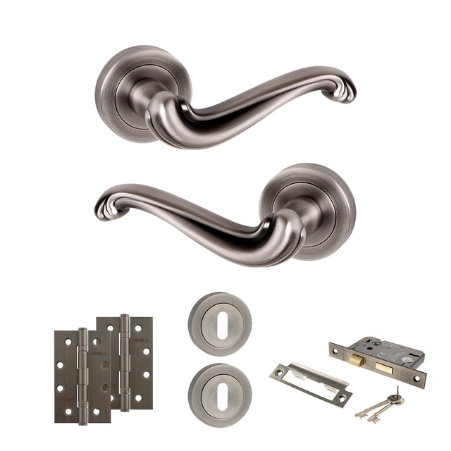 Quality image of Old English Colchester Door Handle Pack (3 Lever Lock Set - 3" CE Sashlock, 4" Slim Knuckle Hinges x2) - Matt Gun Metal | Sku. adpoe177mbn19 | available from Trade Door Handles.