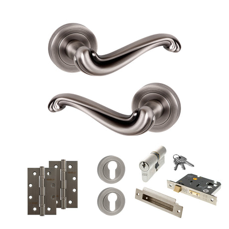 Quality image of Old English Colchester Door Handle Pack (Euro Lock Set - 3" CE Sashlock, 4" Slim Knuckle Hinges x2) - Matt Gun Metal | Sku. adpoe177mbn25 | available from Trade Door Handles.