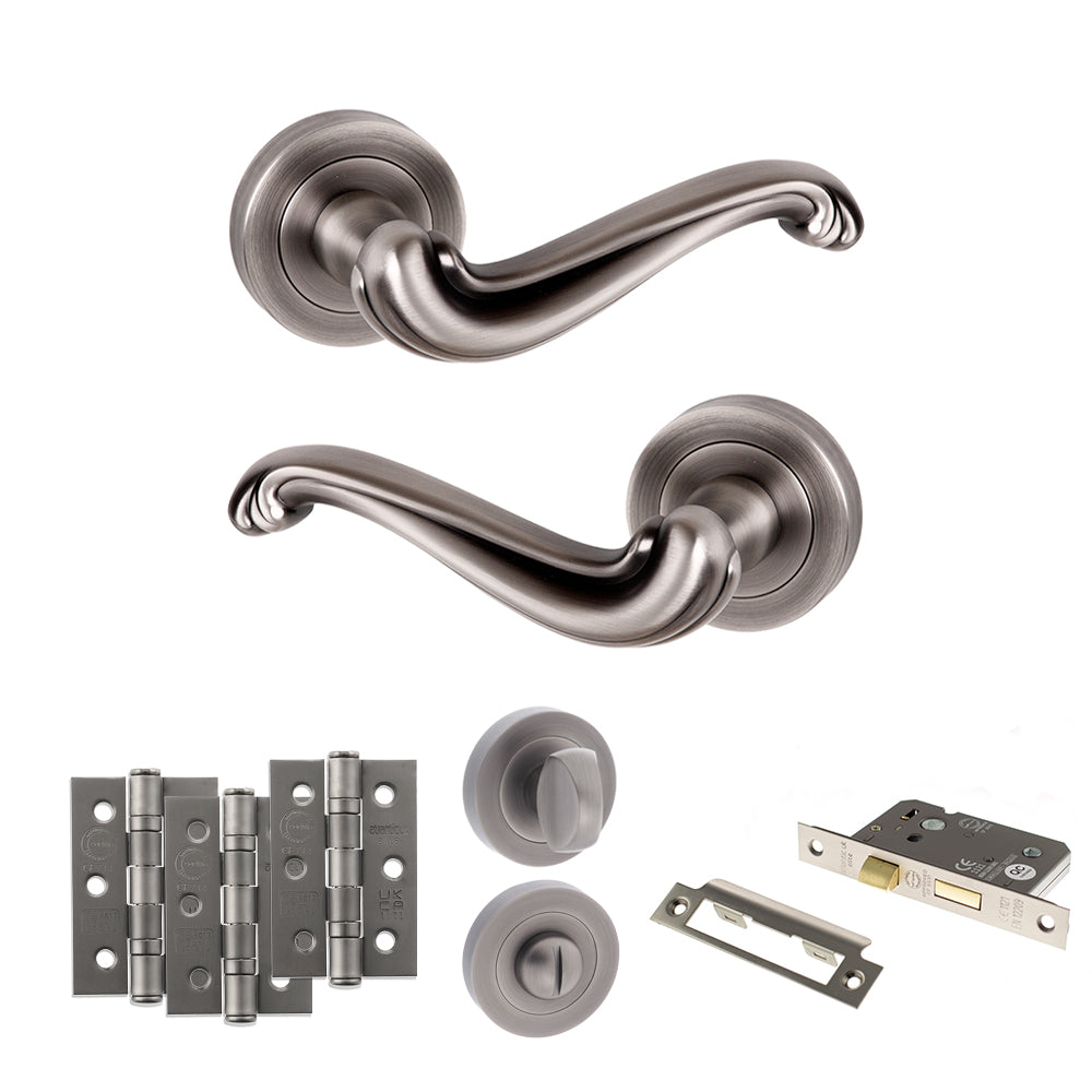 Quality image of Old English Colchester Door Handle Pack (Bathroom Set - 3" CE Bathroom Lock, 3" Fire Rated Hinges x3) - Matt Gun Metal | Sku. adpoe177mbn9 | available from Trade Door Handles.
