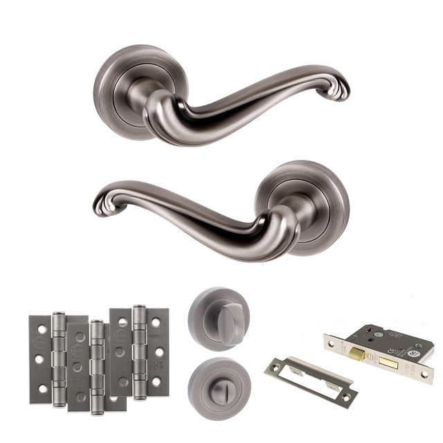 Quality image of Old English Colchester Door Handle Pack (Bathroom Set - 3" CE Bathroom Lock, 3" Fire Rated Hinges x3) - Matt Gun Metal | Sku. adpoe177mbn9 | available from Trade Door Handles.