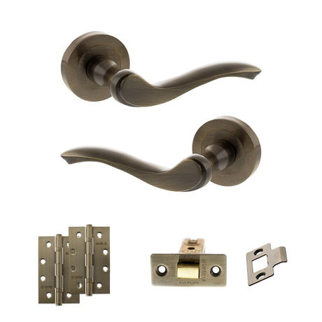 Quality image of Old English Warwick Door Handle Pack (Latch Set - 2.5" CE Latch, 4" Slim Knuckle Hinges x2) - Antique Brass | Sku. adpoe178ab5 | available from Trade Door Handles.