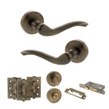 Quality image of Old English Warwick Door Handle Pack (Bathroom Set - 3" CE Bathroom Lock, 3" Fire Rated Hinges x3) - Antique Brass | Sku. adpoe178ab9 | available from Trade Door Handles.