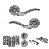 Quality image of Old English Warwick Door Handle Pack (Bathroom Set - 3" CE Bathroom Lock, 4" Fire Rated Hinges x3) - Distressed Silver | Sku. adpoe178ds11 | available from Trade Door Handles.