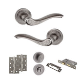 Quality image of Old English Warwick Door Handle Pack (Bathroom Set - 2.5" CE Bathroom Lock, 4" Slim Knuckle Hinges x2) - Distressed Silver | Sku. adpoe178ds12 | available from Trade Door Handles.