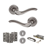 Quality image of Old English Warwick Door Handle Pack (3 Lever Lock Set - 2.5" CE Sashlock, 3" Fire Rated Hinges x3) - Distressed Silver | Sku. adpoe178ds14 | available from Trade Door Handles.