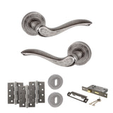 Quality image of Old English Warwick Door Handle Pack (3 Lever Lock Set - 2.5" CE Sashlock, 4" Fire Rated Hinges x3) - Distressed Silver | Sku. adpoe178ds16 | available from Trade Door Handles.