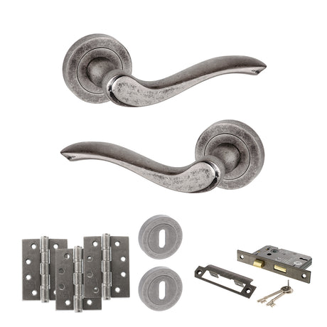 Quality image of Old English Warwick Door Handle Pack (3 Lever Lock Set - 3" CE Sashlock, 4" Fire Rated Hinges x3) - Distressed Silver | Sku. adpoe178ds17 | available from Trade Door Handles.
