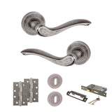 Quality image of Old English Warwick Door Handle Pack (3 Lever Lock Set - 3" CE Sashlock, 4" Slim Knuckle Hinges x2) - Distressed Silver | Sku. adpoe178ds19 | available from Trade Door Handles.