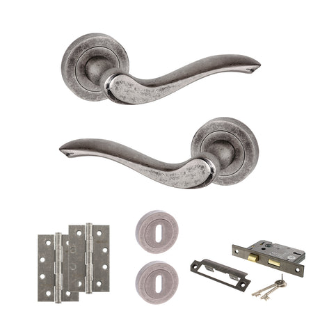 Quality image of Old English Warwick Door Handle Pack (3 Lever Lock Set - 3" CE Sashlock, 4" Slim Knuckle Hinges x2) - Distressed Silver | Sku. adpoe178ds19 | available from Trade Door Handles.