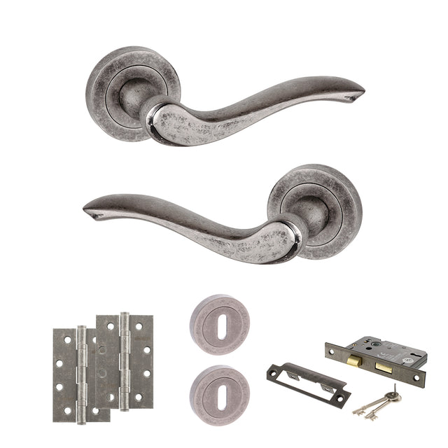 Quality image of Old English Warwick Door Handle Pack (3 Lever Lock Set - 3" CE Sashlock, 4" Slim Knuckle Hinges x2) - Distressed Silver | Sku. adpoe178ds19 | available from Trade Door Handles.