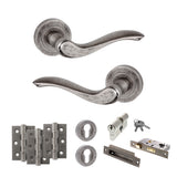 Quality image of Old English Warwick Door Handle Pack (Euro Lock Set - 3" CE Sashlock, 3" Fire Rated Hinges x3) - Distressed Silver | Sku. adpoe178ds21 | available from Trade Door Handles.