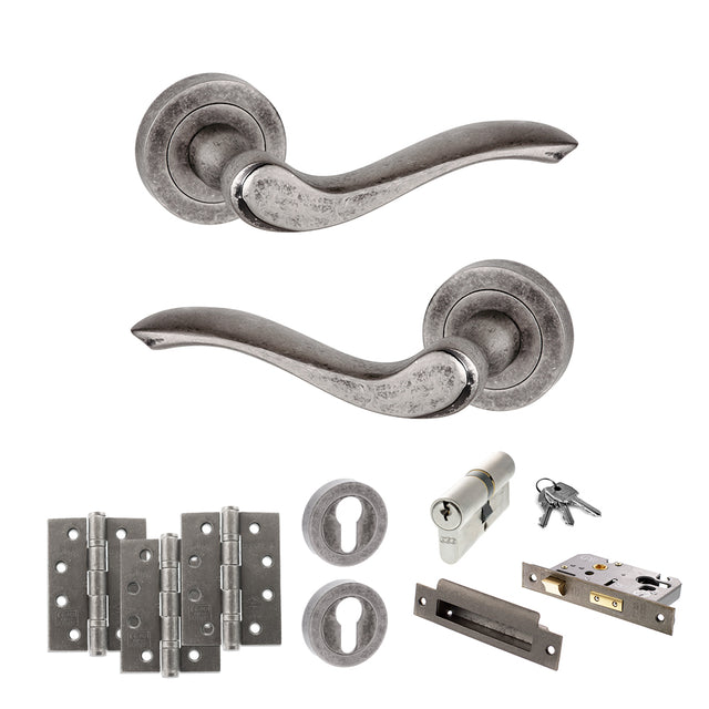 Quality image of Old English Warwick Door Handle Pack (Euro Lock Set - 2.5" CE Sashlock, 4" Fire Rated Hinges x3) - Distressed Silver | Sku. adpoe178ds22 | available from Trade Door Handles.