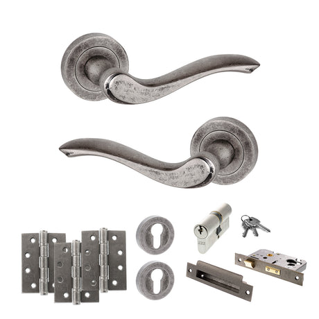 Quality image of Old English Warwick Door Handle Pack (Euro Lock Set - 3" CE Sashlock, 4" Fire Rated Hinges x3) - Distressed Silver | Sku. adpoe178ds23 | available from Trade Door Handles.