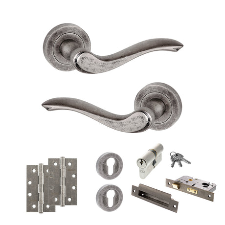 Quality image of Old English Warwick Door Handle Pack (Euro Lock Set - 2.5" CE Sashlock, 4" Slim Knuckle Hinges x2) - Distressed Silver | Sku. adpoe178ds24 | available from Trade Door Handles.