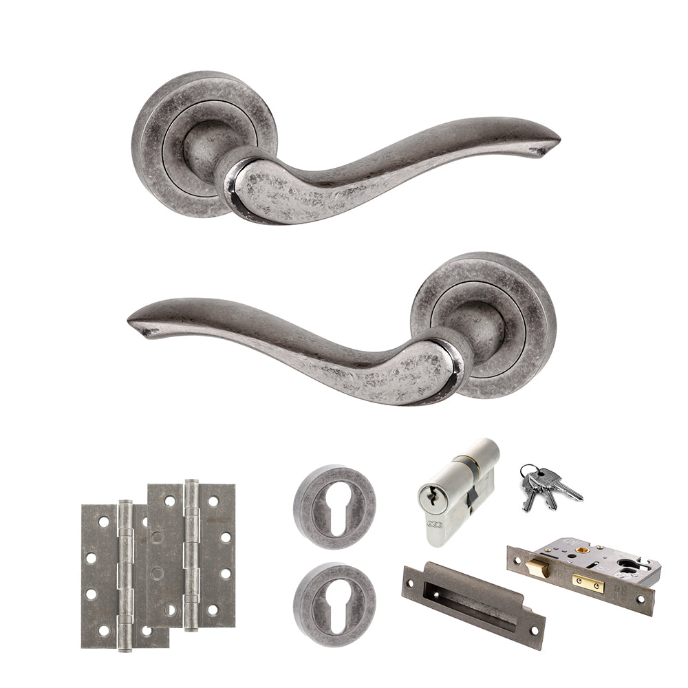 Quality image of Old English Warwick Door Handle Pack (Euro Lock Set - 3" CE Sashlock, 4" Slim Knuckle Hinges x2) - Distressed Silver | Sku. adpoe178ds25 | available from Trade Door Handles.
