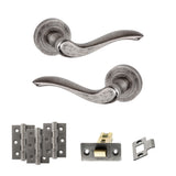 Quality image of Old English Warwick Door Handle Pack (Latch Set - 3" CE Latch, 3" Fire Rated Hinges x3) - Distressed Silver | Sku. adpoe178ds2 | available from Trade Door Handles.