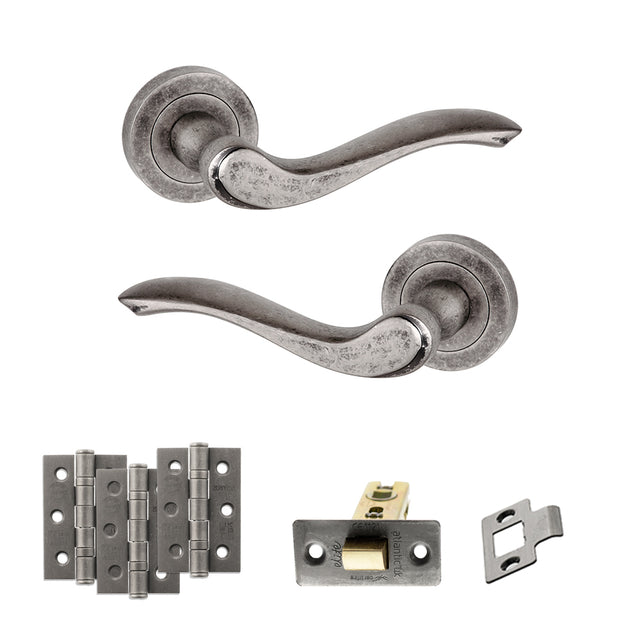 Quality image of Old English Warwick Door Handle Pack (Latch Set - 3" CE Latch, 3" Fire Rated Hinges x3) - Distressed Silver | Sku. adpoe178ds2 | available from Trade Door Handles.