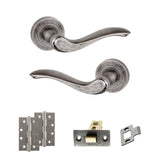 Quality image of Old English Warwick Door Handle Pack (Latch Set - 3" CE Latch, 4" Slim Knuckle Hinges x2) - Distressed Silver | Sku. adpoe178ds6 | available from Trade Door Handles.