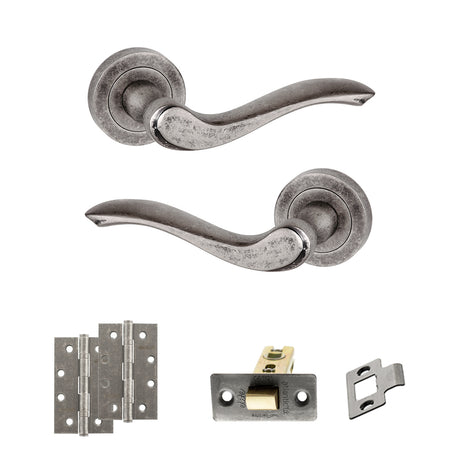 Quality image of Old English Warwick Door Handle Pack (Latch Set - 3" CE Latch, 4" Slim Knuckle Hinges x2) - Distressed Silver | Sku. adpoe178ds6 | available from Trade Door Handles.