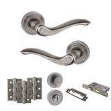 Quality image of Old English Warwick Door Handle Pack (Bathroom Set - 2.5" CE Bathroom Lock, 3" Fire Rated Hinges x3) - Distressed Silver | Sku. adpoe178ds8 | available from Trade Door Handles.