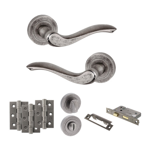 Quality image of Old English Warwick Door Handle Pack (Bathroom Set - 3" CE Bathroom Lock, 3" Fire Rated Hinges x3) - Distressed Silver | Sku. adpoe178ds9 | available from Trade Door Handles.