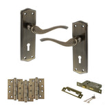 Quality image of Old English Warwick Door Handle Pack (3 Lever Lock Set - 2.5" CE Sashlock, 4" Fire Rated Hinges x3) - Antique Brass | Sku. adpoe178kab16 | available from Trade Door Handles.