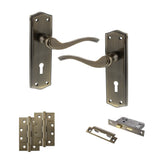 Quality image of Old English Warwick Door Handle Pack (3 Lever Lock Set - 2.5" CE Sashlock, 4" Slim Knuckle Hinges x2) - Antique Brass | Sku. adpoe178kab18 | available from Trade Door Handles.