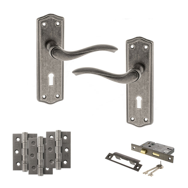 Quality image of Old English Warwick Door Handle Pack (3 Lever Lock Set - 2.5" CE Sashlock, 3" Fire Rated Hinges x3) - Distressed Silver | Sku. adpoe178kds14 | available from Trade Door Handles.