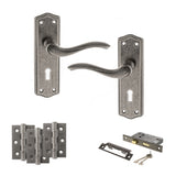 Quality image of Old English Warwick Door Handle Pack (3 Lever Lock Set - 3" CE Sashlock, 3" Fire Rated Hinges x3) - Distressed Silver | Sku. adpoe178kds15 | available from Trade Door Handles.