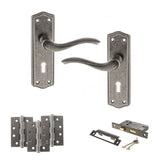 Quality image of Old English Warwick Door Handle Pack (3 Lever Lock Set - 2.5" CE Sashlock, 4" Fire Rated Hinges x3) - Distressed Silver | Sku. adpoe178kds16 | available from Trade Door Handles.