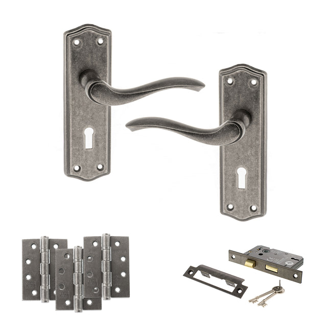 Quality image of Old English Warwick Door Handle Pack (3 Lever Lock Set - 2.5" CE Sashlock, 4" Fire Rated Hinges x3) - Distressed Silver | Sku. adpoe178kds16 | available from Trade Door Handles.
