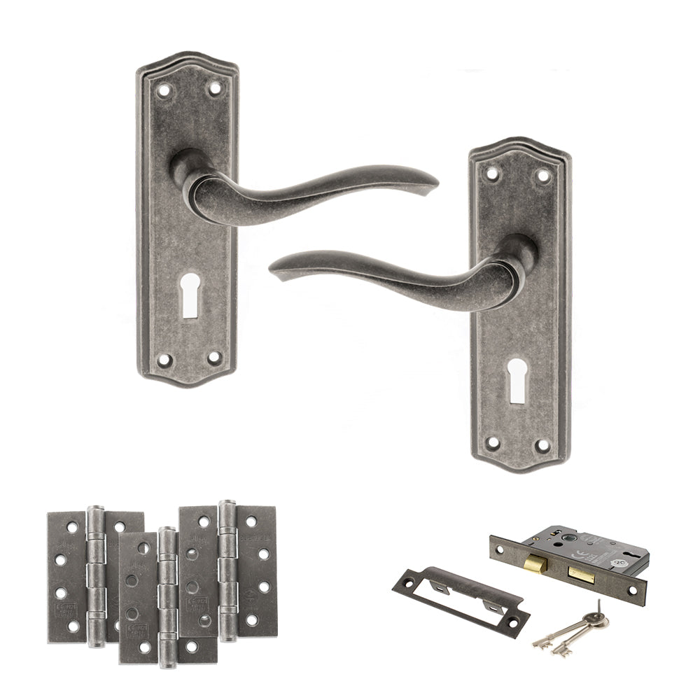Quality image of Old English Warwick Door Handle Pack (3 Lever Lock Set - 3" CE Sashlock, 4" Fire Rated Hinges x3) - Distressed Silver | Sku. adpoe178kds17 | available from Trade Door Handles.