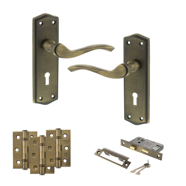 Quality image of Old English Warwick Door Handle Pack (3 Lever Lock Set - 2.5" CE Sashlock, 3" Fire Rated Hinges x3) - Matt Antique Brass | Sku. adpoe178kmab14 | available from Trade Door Handles.