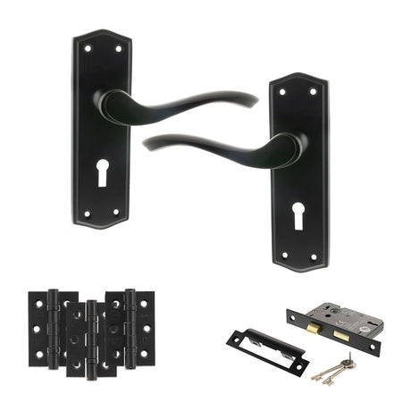 Quality image of Old English Warwick Door Handle Pack (3 Lever Lock Set - 2.5" CE Sashlock, 3" Fire Rated Hinges x3) - Matt Black | Sku. adpoe178kmb14 | available from Trade Door Handles.