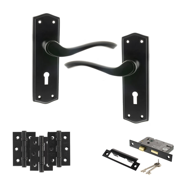 Quality image of Old English Warwick Door Handle Pack (3 Lever Lock Set - 2.5" CE Sashlock, 3" Fire Rated Hinges x3) - Matt Black | Sku. adpoe178kmb14 | available from Trade Door Handles.