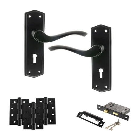 Quality image of Old English Warwick Door Handle Pack (3 Lever Lock Set - 2.5" CE Sashlock, 4" Fire Rated Hinges x3) - Matt Black | Sku. adpoe178kmb16 | available from Trade Door Handles.
