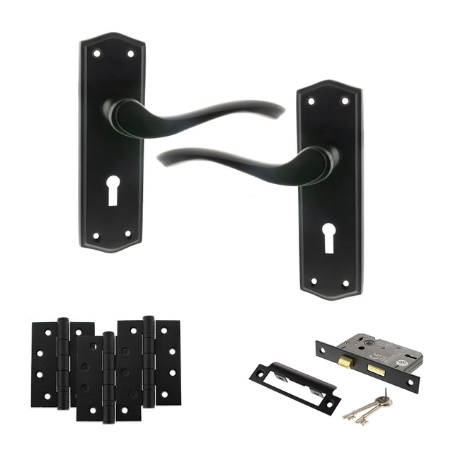 Quality image of Old English Warwick Door Handle Pack (3 Lever Lock Set - 3" CE Sashlock, 4" Fire Rated Hinges x3) - Matt Black | Sku. adpoe178kmb17 | available from Trade Door Handles.