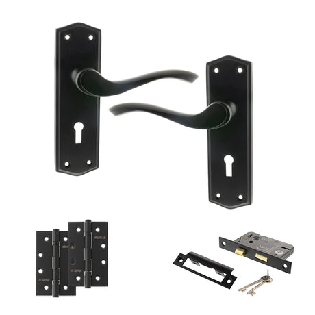 Quality image of Old English Warwick Door Handle Pack (3 Lever Lock Set - 2.5" CE Sashlock, 4" Slim Knuckle Hinges x2) - Matt Black | Sku. adpoe178kmb18 | available from Trade Door Handles.