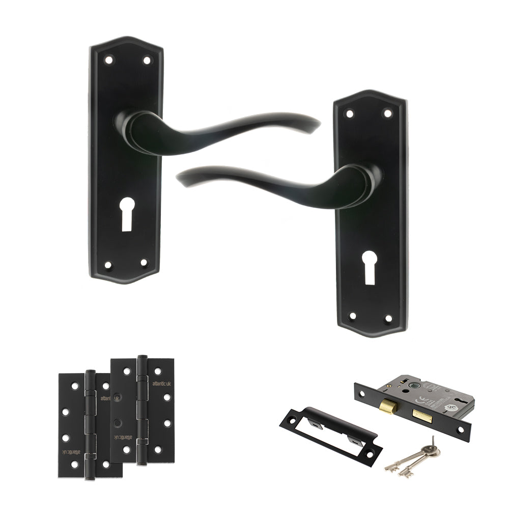 Quality image of Old English Warwick Door Handle Pack (3 Lever Lock Set - 3" CE Sashlock, 4" Slim Knuckle Hinges x2) - Matt Black | Sku. adpoe178kmb19 | available from Trade Door Handles.